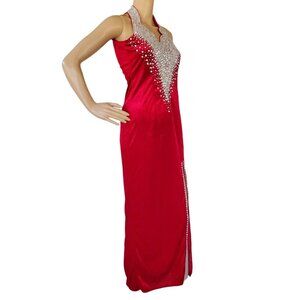 Red Velour Christmas Holiday Party Dress Women's XS Bodycon Beads Sequin Maxi